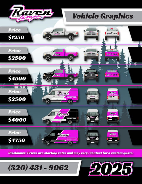 Raven Wraps vehicle graphics pricing chart showing six truck and vehicle wrap design options ranging from $1250 to $4750