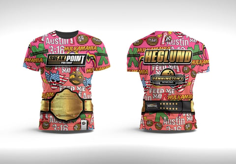 Front and back view of a colorful all-over print t-shirt with retro graffiti-style text and graphics on a red and green background