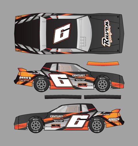 Racing car livery design showing top, side, and angled views of a number 6 racecar with orange, black, and white graphics