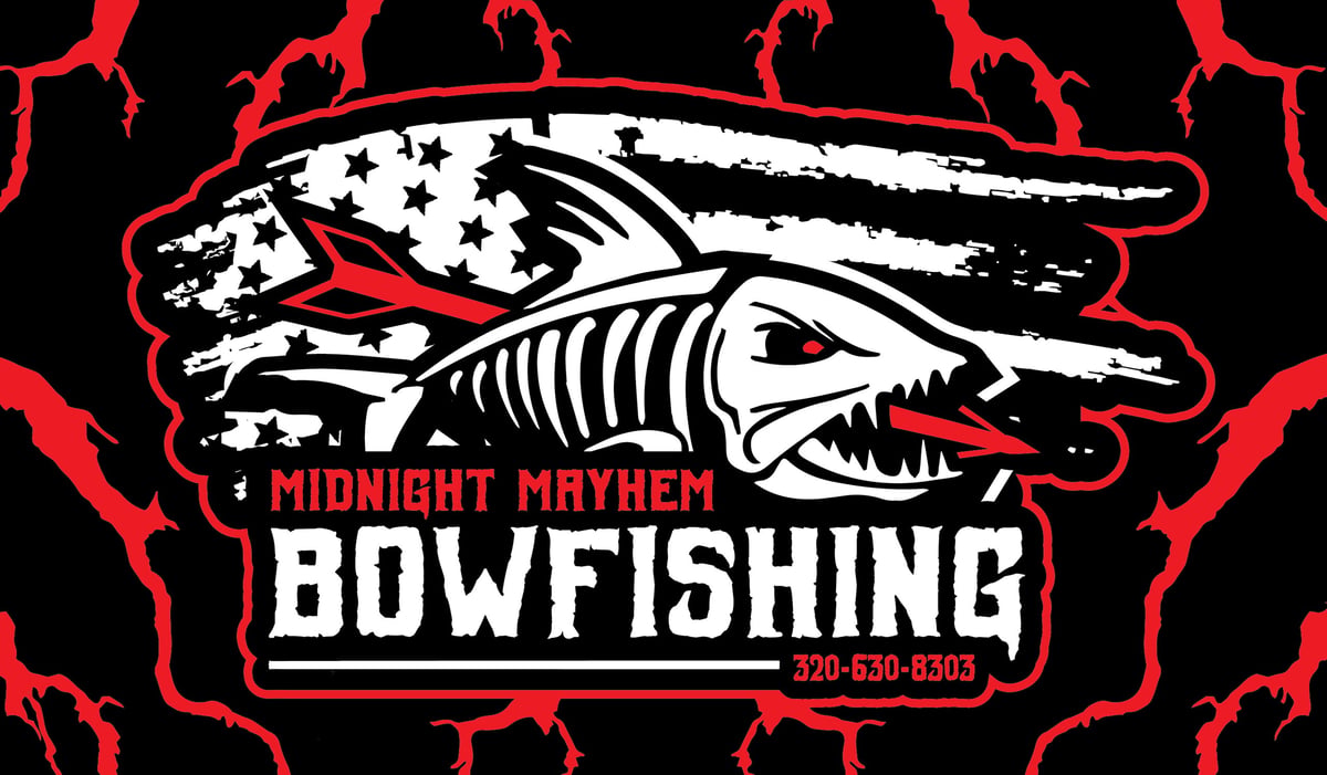 Midnight Mayhem Bowfishing logo featuring a skeletal fish with an American flag and lightning bolts on black background
