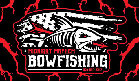 Midnight Mayhem Bowfishing logo featuring a skeletal fish with an American flag and lightning bolts on black background