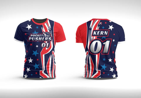 Front and back view of patriotic sports jersey with stars, stripes, and KERN 01 design in red, white, and blue
