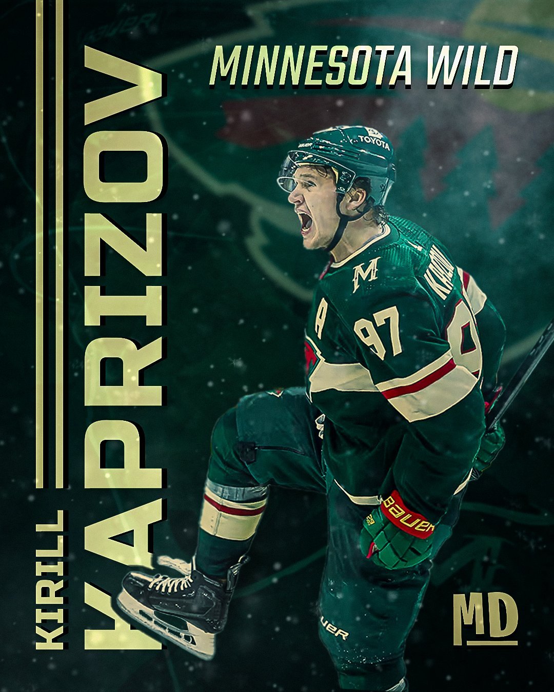 Kirill Kaprizov hockey player in Minnesota Wild teal jersey number 97 in action pose