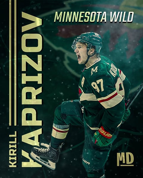 Kirill Kaprizov hockey player in Minnesota Wild teal jersey number 97 in action pose