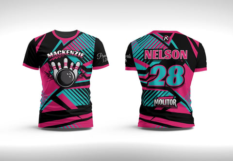 Front and back views of a pink, black, and turquoise sports jersey with geometric patterns, team name, and player number 28