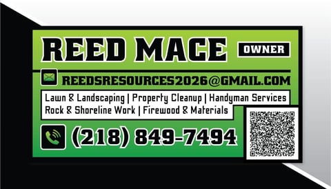 Reed Mage business card with owner contact info, email, services including lawn care and handyman, and phone number (218) 849-7494 with QR code