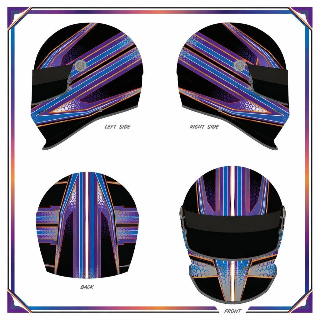 Four views of a racing helmet design with purple, blue, and black diagonal stripes shown from left side, right side, back, and front perspectives