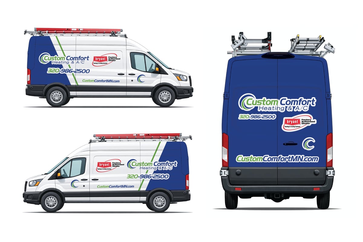 Custom Comfort HVAC service vans shown from multiple angles - side and rear views of white and blue branded vehicles