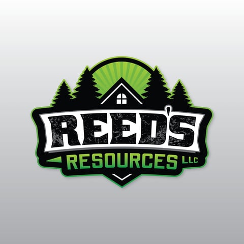 Reeds Resources LLC logo featuring black silhouette of evergreen trees, house, and green circular background with striped pattern