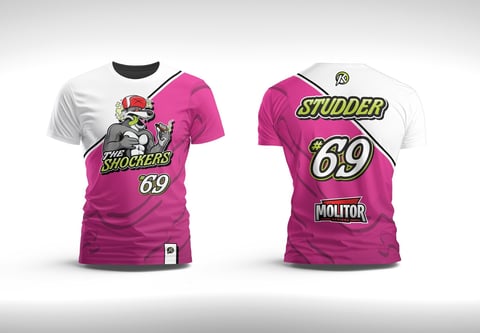 Front and back view of a pink and white racing-style t-shirt with Shockers 69 graphic and yellow trim