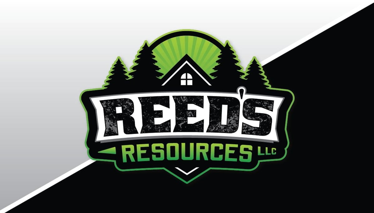 Reeds Resources LLC logo featuring a house with trees and green accents on a shield-shaped badge