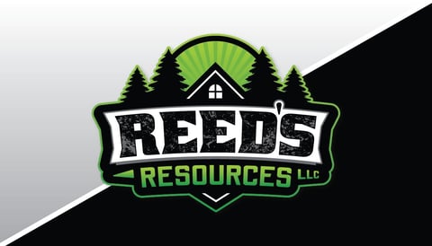 Reeds Resources LLC logo featuring a house with trees and green accents on a shield-shaped badge