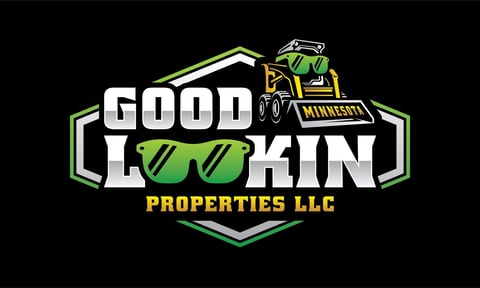 Good Lookin Properties LLC logo featuring green sunglasses, construction equipment, and hexagonal badge design on black background