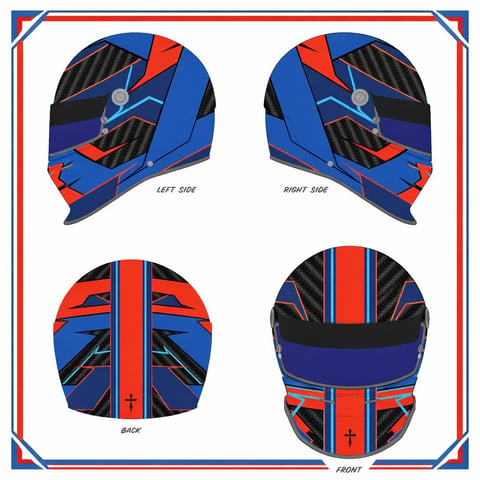 Four-view diagram of a blue, red and black racing helmet showing left side, right side, back and front perspectives