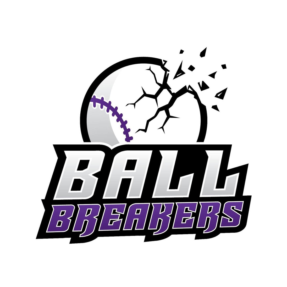 Ball Breakers sports team logo featuring a cracked ball with purple lightning bolt and scattered fragments
