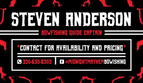 Business card for Steven Anderson, bowfishing guide captain, with phone number 320-530-8303 and Facebook handle @MidnightMayhemBowfishing