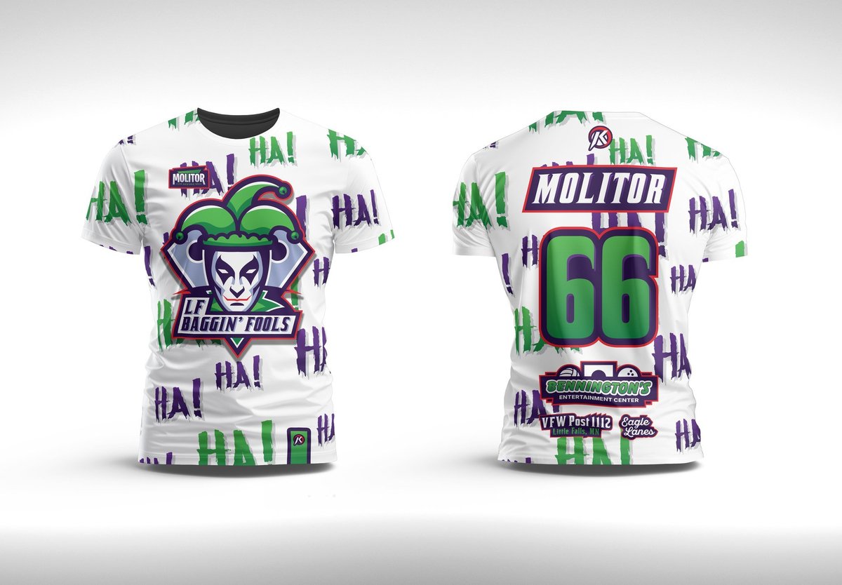LF Baggin Fools white jersey with purple jester logo and green number 66