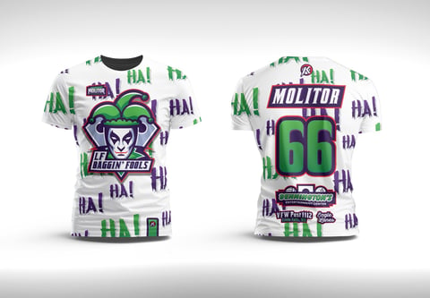 Front and back view of white t-shirt with purple jester logo and green number 66, featuring repeating HAH text pattern