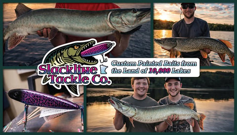 Slacktide Tackle Co. fishing collage showing caught fish, anglers, and custom painted baits from northern lakes