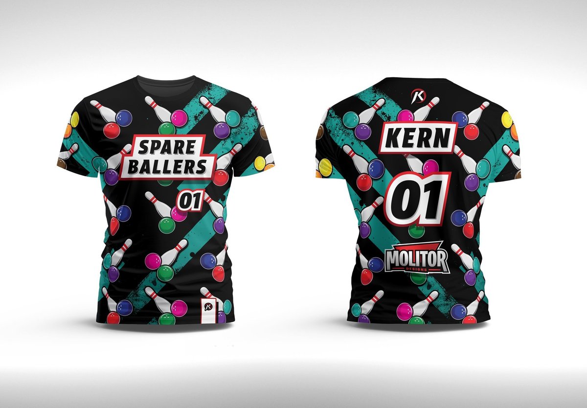 Front and back views of a black t-shirt with colorful geometric pattern and Spare Ballers and Kern 01 text designs