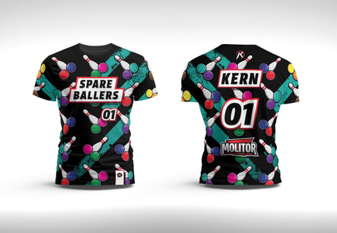 Front and back views of a black t-shirt with colorful geometric pattern and Spare Ballers and Kern 01 text designs
