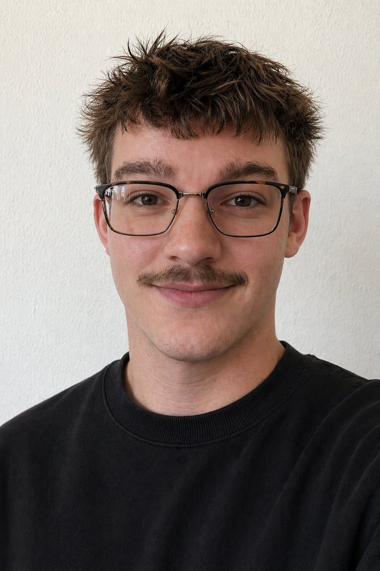 Young man with brown hair, glasses, and a mustache wearing a black sweatshirt against a white background