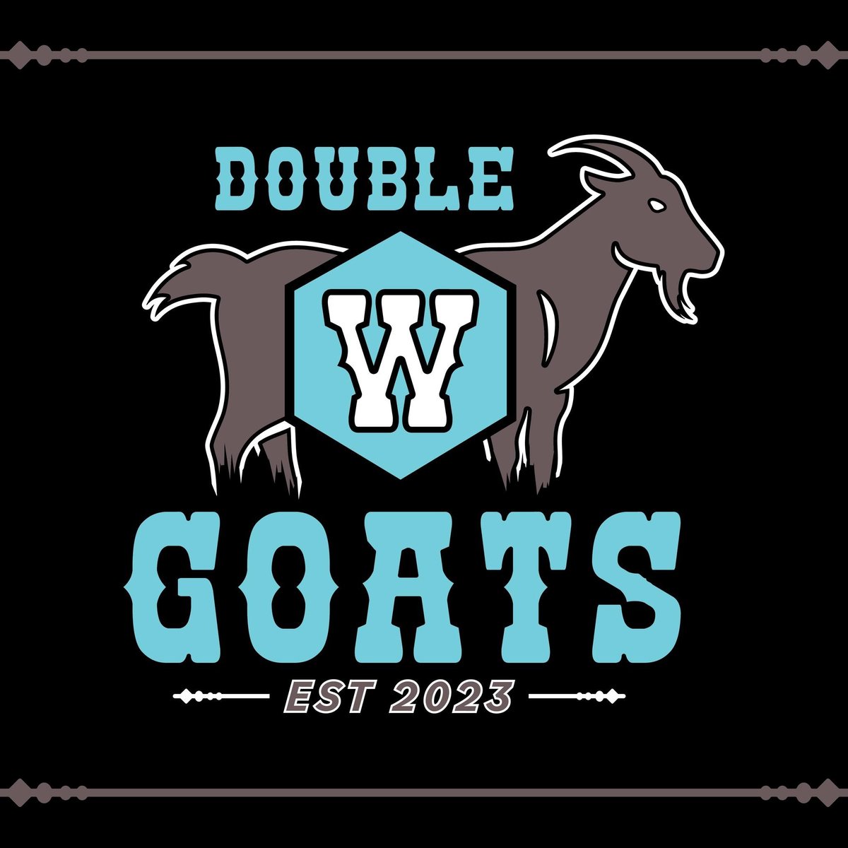 Double W Goats logo with goat illustration, light blue hexagon shield, established 2023, on black background