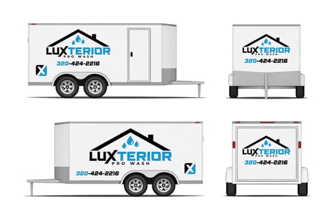 Multiple views of white Luxterior Pro Wash trailers showing side and front perspectives with logo and contact number