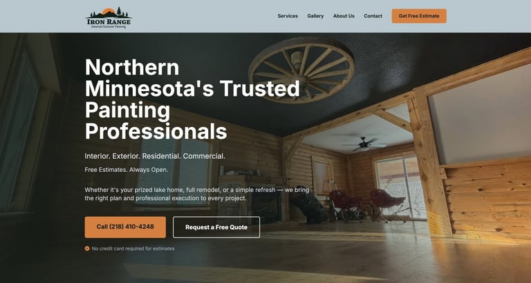 Home Blanche website header showing interior room with ceiling fan, wooden beams, and professional painting service information for Northern Minnesota