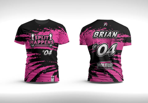 Front and back views of a black and pink striped sports t-shirt with Split Zappers and Brian #04 graphics