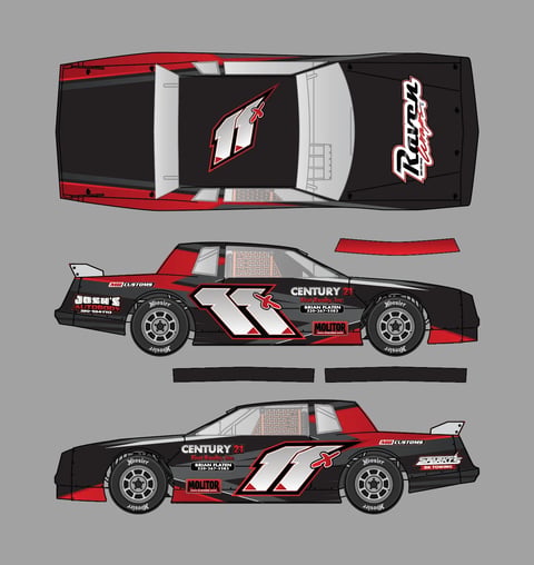 Top and side view diagrams of a red, black, and white racing car with Century branding and sponsor logos