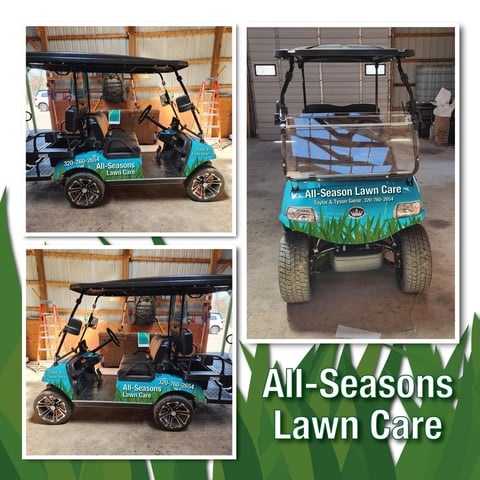 All-Seasons Lawn Care branded golf cart shown from multiple angles with turquoise and green business branding on sides