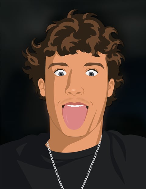 Cartoon illustration of a person with curly brown hair, wide eyes, and tongue out, wearing a black shirt and silver chain necklace