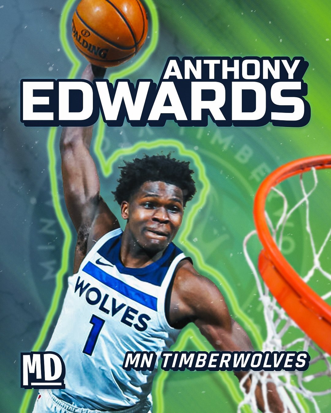 Anthony Edwards basketball player in Minnesota Timberwolves uniform holding ball with glowing neon background
