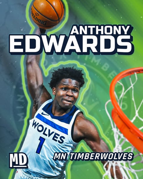 Anthony Edwards basketball player in Minnesota Timberwolves uniform holding ball with glowing neon background