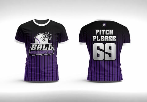 Front and back view of black and purple sports jersey with ball graphic and Pitch Please 69 text