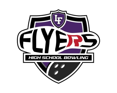 LP Flyers High School Bowling logo featuring a shield with purple and black colors and a bowling ball