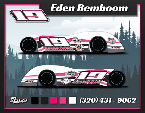 Eden Bemboom race car wrap design showing pink and white side-view illustrations of two dirt racing cars against forest background