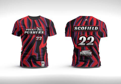 Front and back view of red and black striped sports jersey with number 22 and text Pocket Pushers and Scofield