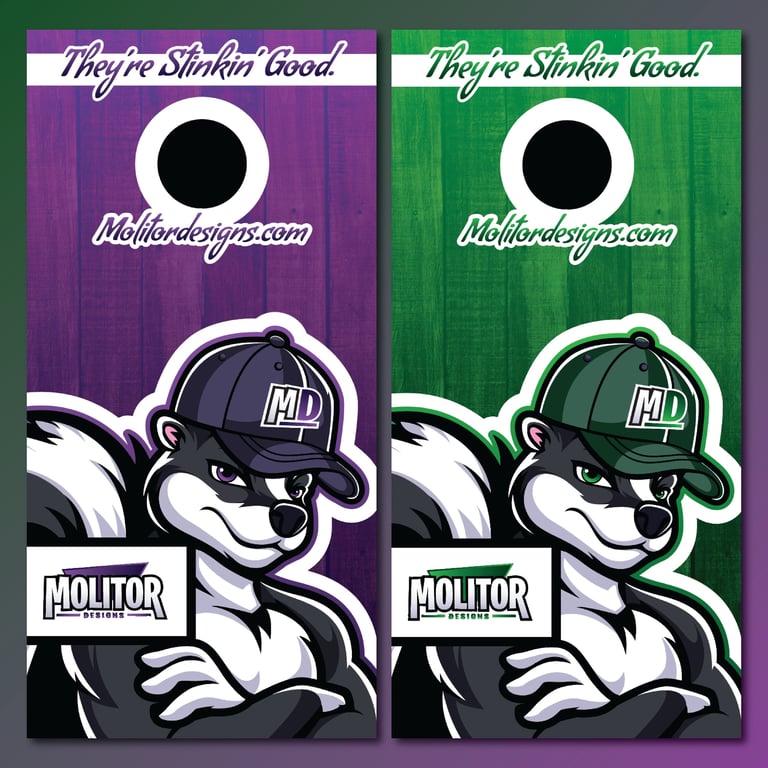 Two cornhole board designs side-by-side featuring a cartoon bulldog mascot wearing a cap, one in purple and one in green, with Theyre Slingin Good and Molitor branding
