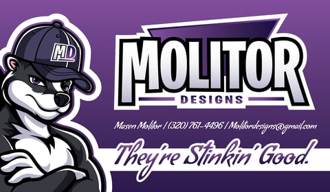 Molitor Designs logo featuring a skunk mascot wearing a baseball cap on purple background with tagline Theyre Stinkin Good