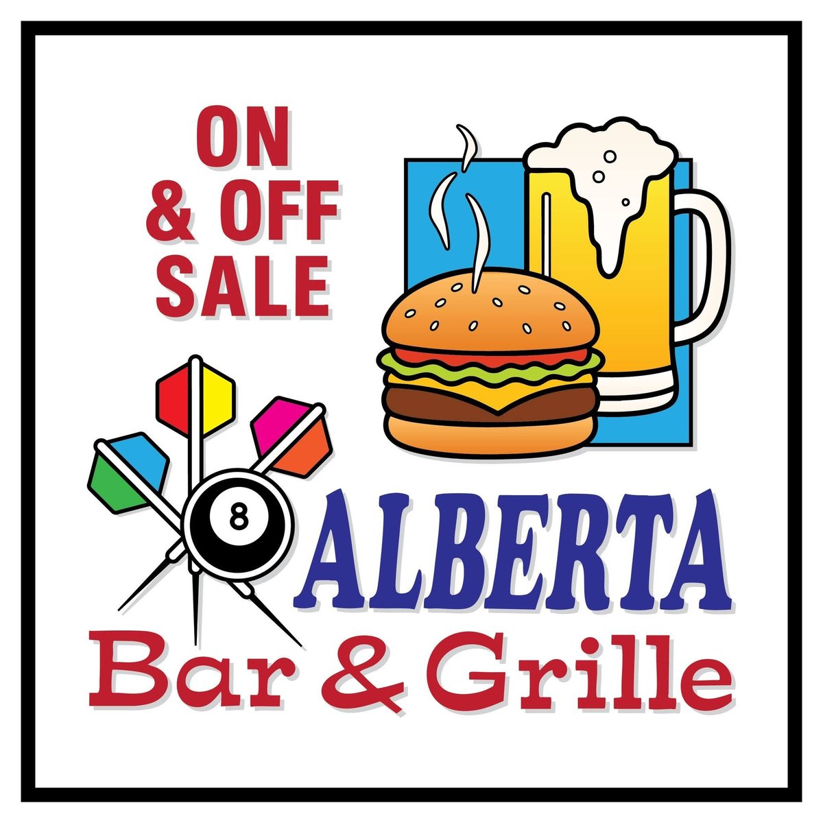 Alberta Bar Grille on and off sale logo featuring a hamburger, beer mug, and billiards ball eight icon