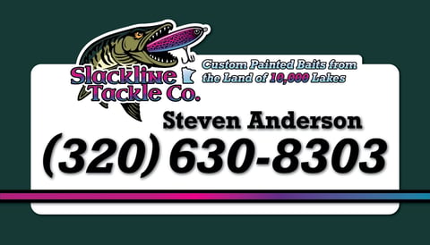 Slacktide Tackle Co. business card with Steven Anderson contact number (320) 630-8303