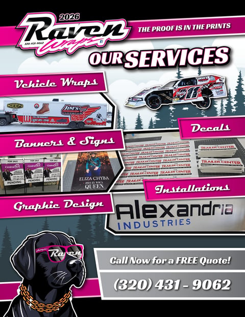 Raven Designs 2023 services flyer featuring vehicle wraps, banners, signs, decals, graphic design and installations with racing car and dog logo