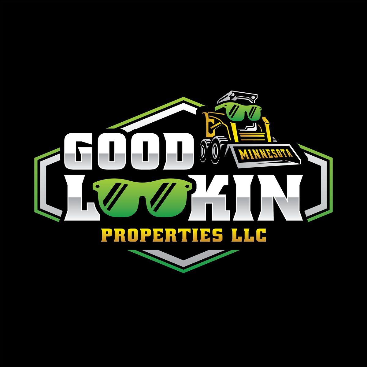Good Lookin Properties LLC logo featuring a yellow excavator and sunglasses on a black background