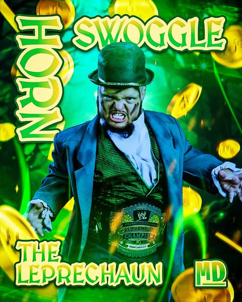 WWE wrestler in green bowler hat and blue suit posing against glowing green background with gold coins and text reading Know Swoggle The Leprechaun