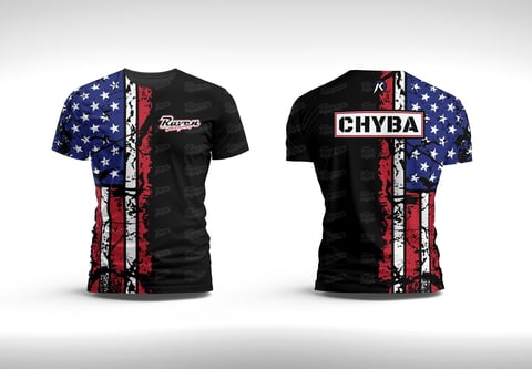 Front and back view of a black t-shirt with American flag design and CHYBA text, featuring red and blue striped pattern on sides