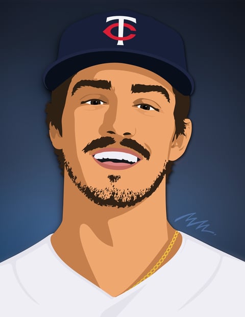 Portrait illustration of a smiling man wearing a Minnesota Twins baseball cap and white shirt with gold chain necklace