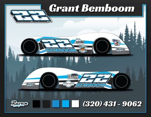 Grant Bemboom racing vehicles illustration featuring two blue and white dragsters with forest background and contact information
