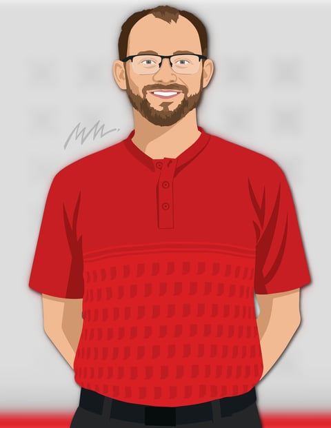 Illustration of a man with glasses and beard wearing a red henley shirt with textured pattern and black pants